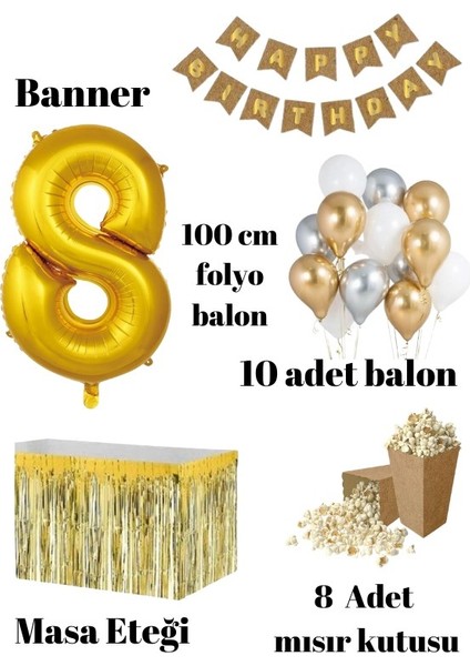 8 Yaş Kraft Gold Balon Rakam Folyo Banner Mısır Kutusu Masa Eteği Doğum Günü Parti Seti fiyatları