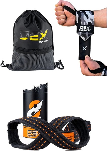 Sporcu Bilekliği Dark Tone Kamuflaj Wrist Wraps,8 Loop Lifting Straps,sackpack 3'lü Set