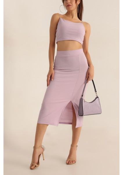 Askılı Crop Bluz ve Yırtmaçlı Etek Ikili Takım - Lila