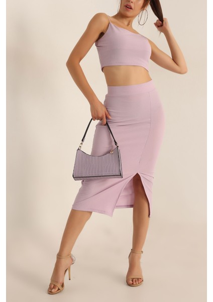 Askılı Crop Bluz ve Yırtmaçlı Etek Ikili Takım - Lila