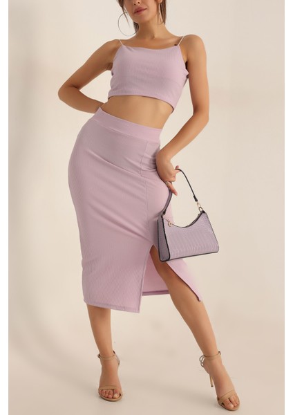 Askılı Crop Bluz ve Yırtmaçlı Etek Ikili Takım - Lila
