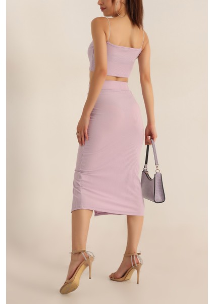Askılı Crop Bluz ve Yırtmaçlı Etek Ikili Takım - Lila