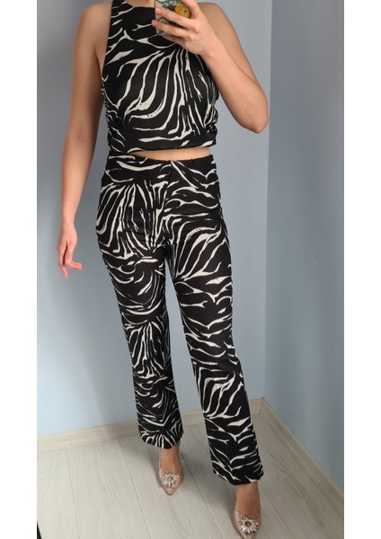 Zebra Desenli Pantolon Crop Takım