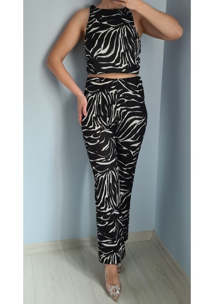 Zebra Desenli Pantolon Crop Takım