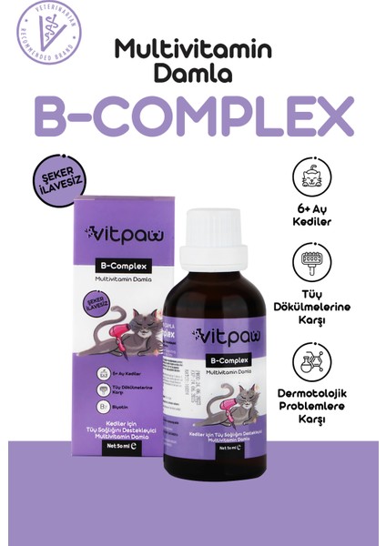 B Complex Damla 50 ml Kediler Için Tüy Dökülmesi Engelleyici, Deri ve Tüy Sağlığı Biotin Damla