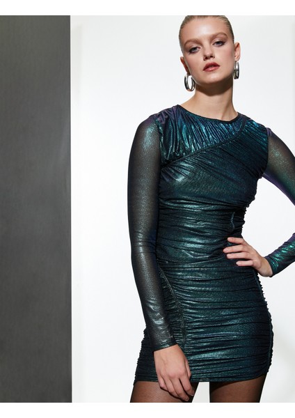 Tül Detaylı Parlak Mini Kalem Elbise Drapeli Uzun Kollu Astarlı fiyatları