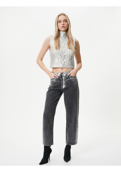 Dik Yaka Crop Süveter Örgü Metalik fiyatları