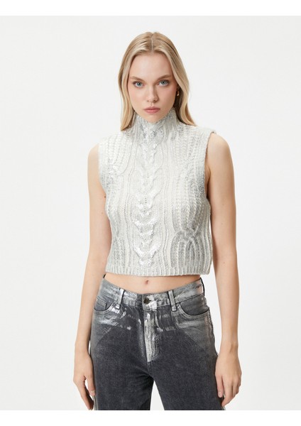 Dik Yaka Crop Süveter Örgü Metalik modelleri