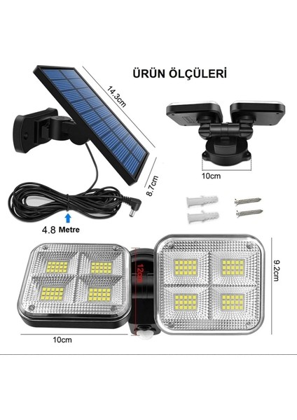 Solar Lamba Güneş Enerjili Kablolu Çift Başlı Sensörlü Bahçe Kamp Aydınlatma 120 LED Lamba Su Geçirmez