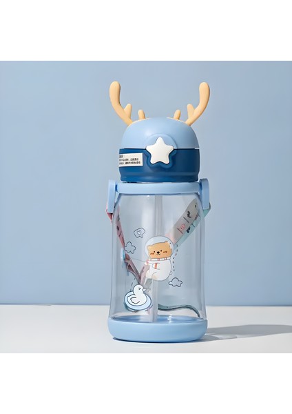500 ml Büyük Sevimli Karikatür Pipetli Çocuk Boynuzları Kayışlı Taşınabilir Su Bardağı