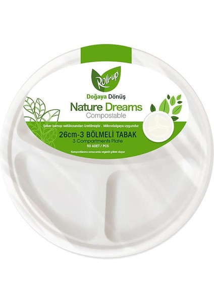 Nature Ekolojik Karton Kağıt Tek Kullanımlık 3 Bölmeli Tabak - 26 Cm. - 50 Adetlik 5 Paket
