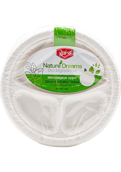 Nature Ekolojik Karton Kağıt Tek Kullanımlık 3 Bölmeli Tabak - 26 Cm. - 50 Adetlik 5 Paket