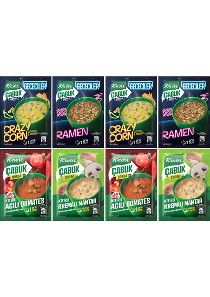 Çabuk Çorba Crazy Corn 18G X2 + Ramen 17G X2 + Acılı Domates 22G X2 + Kremalı Mantar 19G X2