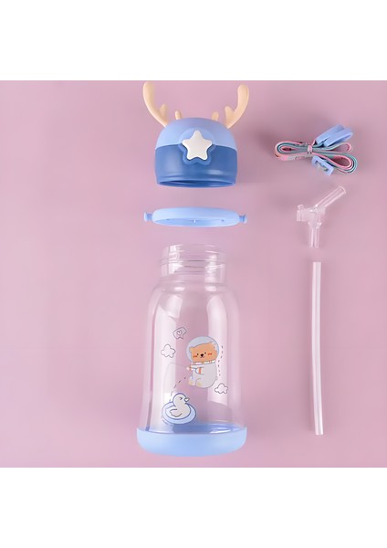 500 ml Büyük Sevimli Karikatür Pipetli Çocuk Boynuzları Kayışlı Taşınabilir Su Bardağı