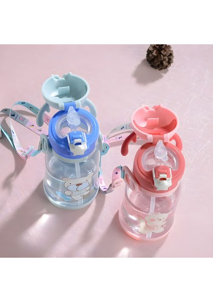 500 ml Büyük Sevimli Karikatür Pipetli Çocuk Boynuzları Kayışlı Taşınabilir Su Bardağı