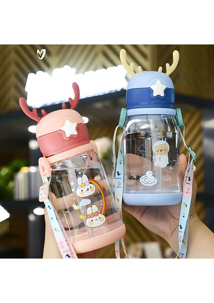 500 ml Büyük Sevimli Karikatür Pipetli Çocuk Boynuzları Kayışlı Taşınabilir Su Bardağı