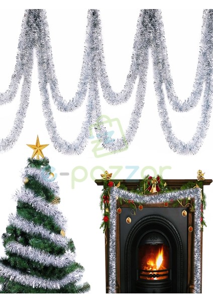 2 Adet 2 Metre x 7 cm Lüx Kalın Gümüş Lame Simli Garland Noel Christmas Yılbaşı Ağaç Konsept Süsleme