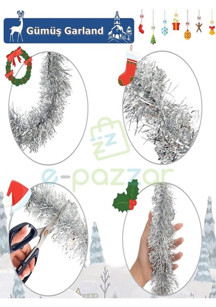 2 Adet 2 Metre x 7 cm Lüx Kalın Gümüş Lame Simli Garland Noel Christmas Yılbaşı Ağaç Konsept Süsleme