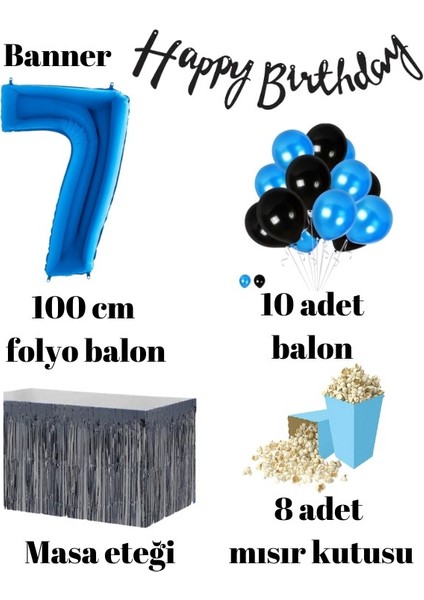 7 Yaş Mavi-Siyah Balon Rakam Folyo Banner Mısır Kutusu Masa Eteği Doğum Günüparti Seti