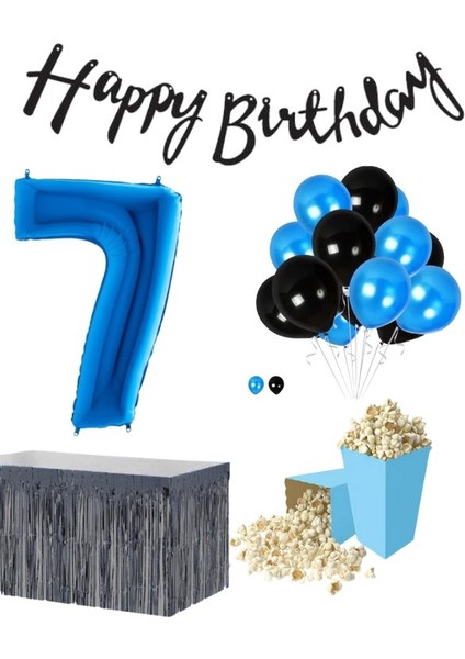 7 Yaş Mavi-Siyah Balon Rakam Folyo Banner Mısır Kutusu Masa Eteği Doğum Günüparti Seti fiyatları