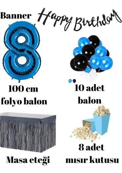 8 Yaş Mavi-Siyah Balon Rakam Folyo Banner Mısır Kutusu Masa Eteği Doğum Günüparti Seti