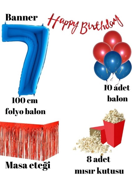 7 Yaş Kırmızı-Mavi Balon Rakam Folyo Banner Mısır Kutusu Masa Eteği Doğum Günüparti Seti