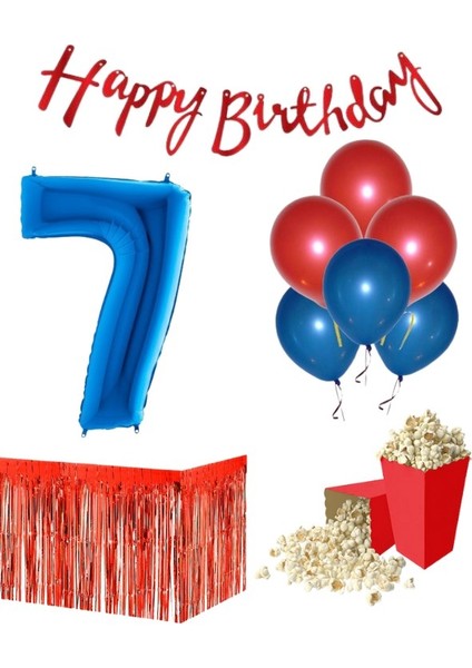 7 Yaş Kırmızı-Mavi Balon Rakam Folyo Banner Mısır Kutusu Masa Eteği Doğum Günüparti Seti fiyatları
