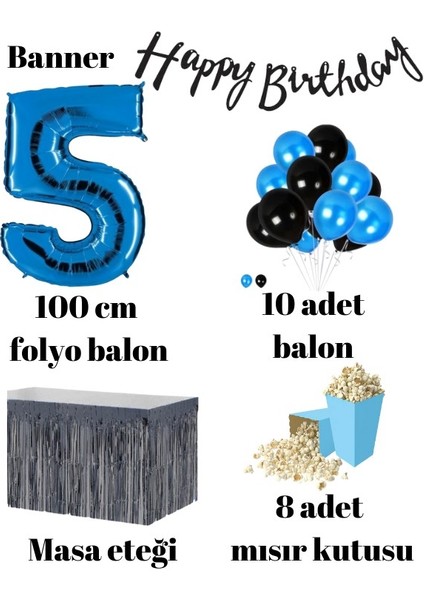 5 Yaş Mavi-Siyah Balon Rakam Folyo Banner Mısır Kutusu Masa Eteği Doğum Günüparti Seti