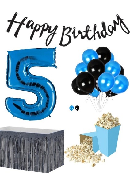 5 Yaş Mavi-Siyah Balon Rakam Folyo Banner Mısır Kutusu Masa Eteği Doğum Günüparti Seti fiyatları