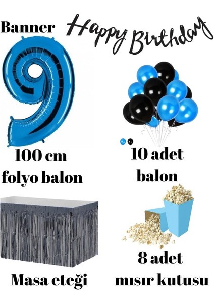 9 Yaş Mavi-Siyah Balon Rakam Folyo Banner Mısır Kutusu Masa Eteği Doğum Günüparti Seti