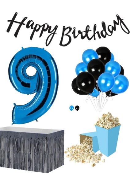 9 Yaş Mavi-Siyah Balon Rakam Folyo Banner Mısır Kutusu Masa Eteği Doğum Günüparti Seti fiyatları