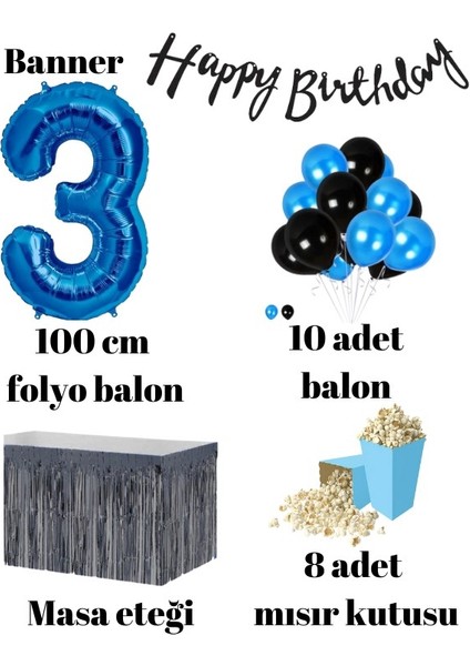 3 Yaş Mavi-Siyah Balon Rakam Folyo Banner Mısır Kutusu Masa Eteği Doğum Günüparti Seti