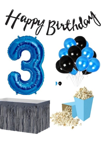 3 Yaş Mavi-Siyah Balon Rakam Folyo Banner Mısır Kutusu Masa Eteği Doğum Günüparti Seti fiyatları