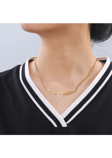 Heart & Wings Ince Tasarım Sarı Kalpli Aşk 316L Çelik Kadın Kolye modelleri