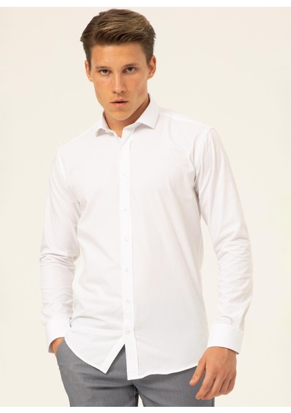 Slim Fit Klasik Yaka Düz Beyaz Erkek Gömlek GM1007100549