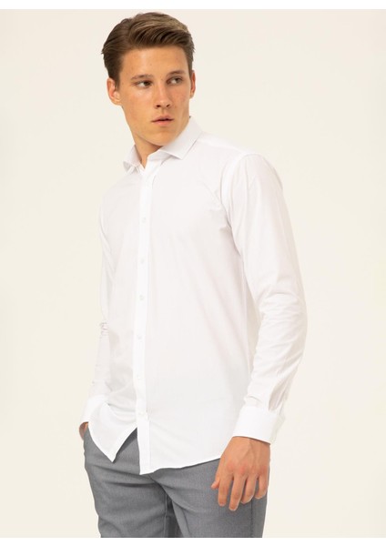 Slim Fit Klasik Yaka Düz Beyaz Erkek Gömlek GM1007100549 fiyatları