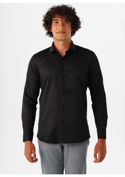 Slim Fit Klasik Yaka Armürlü Siyah Erkek Gömlek GM2024700426