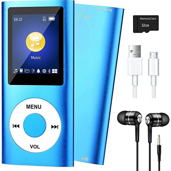 Talent Bluetooth 5.0'lı Mp3 Çalar, 32GB Tf Kartlı Müzik Çalar, Fm, Kulaklık, Taşınabilir Hifi Müzik Çalar (Mavi) (Yurt Dışından)