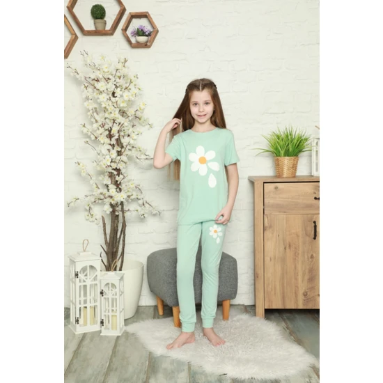Semm Mix Papatyalı Su Yeşili Çocuk Pijama Takımı