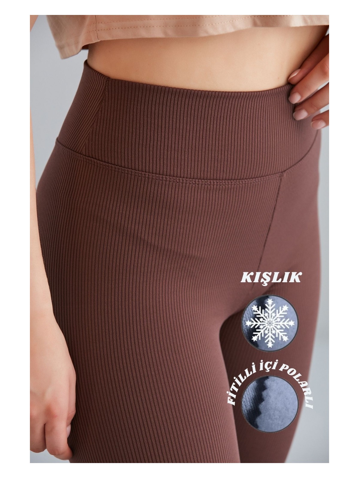 Dream Style Kadın Kahverengi Içi Polarlı Lastikli Şardonlu Fitilli Toparlayıcı Interlok Kışlık Örme Tayt