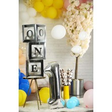 Best Parti One Yazılı Gümüş Kutu ve Balon Seti Bebek 1 Yaş Doğum Günü Kutlama