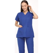 Medinila Saks Mavi Likralı Doktor Hemşire Cerrahi Scrubs Kadın Forma Takımı
