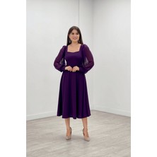 Giyimmasalı Krep Kumaş Kolları Tül Detaylı Midi Elbise - Patlıcan Mor