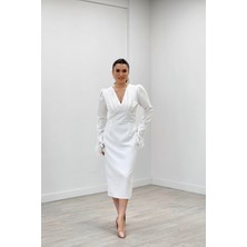Giyimmasalı Double Kumaş V Yaka Kolları Tüy Detaylı Kalem Abiye Elbise - Beyaz