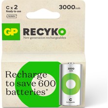 Gp Batteries Recyko 3000 C Boy Ni-Mh Şarjlı Pil, 1.2 Volt, 2'li Kart