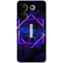 Gramaphone Tecno Camon 20 Kılıf Hd Desen Baskılı Arka Kapak + Kırılmaz Cam - Dark Neon Yaprak I Harfi