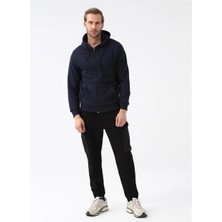 Süvari Kapüşonlu Fermuarlı Yaka Regular Kalıp Düz Lacivert Sweatshirt