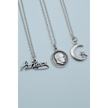 Had Safha Accessories 3'lü Atatürk Imza Madalyon Ay Yıldız Kolye Seti