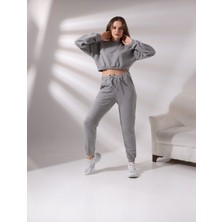 Pam Cot Pamcott Kadın Simli Oversize Kadın Bisiklet Yaka Crop Üst ve Jogger Alt Eşofman Takımı PAM1001