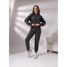 Pam Cot Pamcott Kadın Simli Oversize Kadın Bisiklet Yaka Crop Üst ve Jogger Alt Eşofman Takımı PAM1001